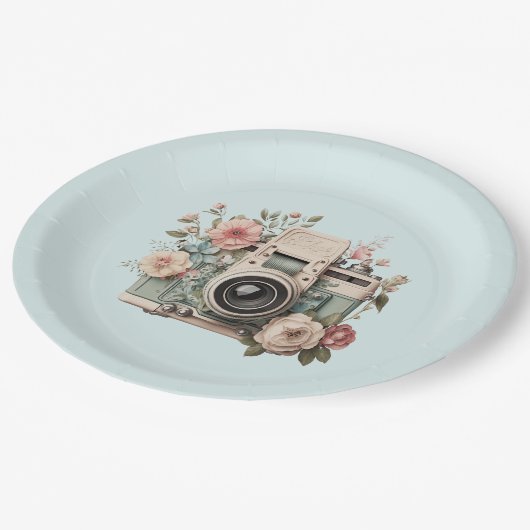 Assiettes En Carton Camera with Flowers Retro Pastel Image (Angle)