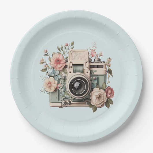 Assiettes En Carton Camera with Flowers Retro Pastel Image (Devant)