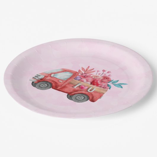 Assiettes En Carton Camion d'amour mignon avec Coeur Cargo Aquarelle (Angle)