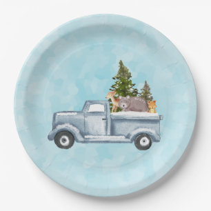 Assiettes En Carton Camion de Noël avec pins et animaux de forêt
