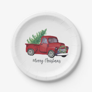 Assiettes En Carton Camion de rouge d'aquarelle de Noël de ferme