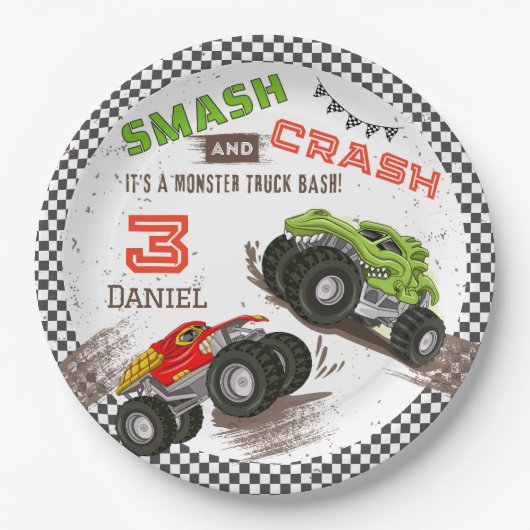Assiettes En Carton Camion Monster Smash et Crash 3e fête d'anniversai (Devant)