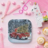 Assiettes En Carton Camion Red Retro Avec Arbre De Noël Dans Les Flamm (Fête)