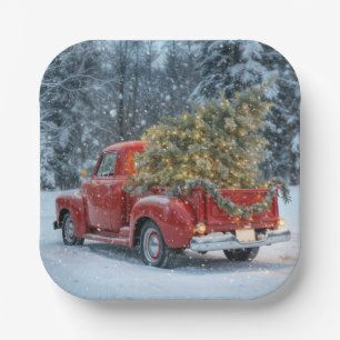 Assiettes En Carton Camion Red Retro Avec Arbre De Noël Dans Les Flamm