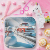 Assiettes En Carton Camion Red Retro de Noël avec Snowman (Fête)