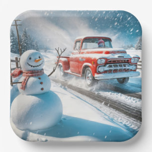 Assiettes En Carton Camion Red Retro de Noël avec Snowman
