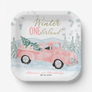 Assiettes En Carton Camion Rose Hiver Onederland Fille Premier Anniver