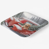 Assiettes En Carton Camion Rouge de Noël avec Golden Retriever (Angulaire)
