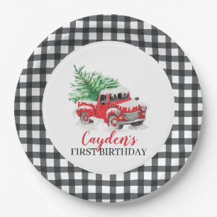 Assiettes En Carton Camion rouge d'hiver Premier anniversaire Noir Pla
