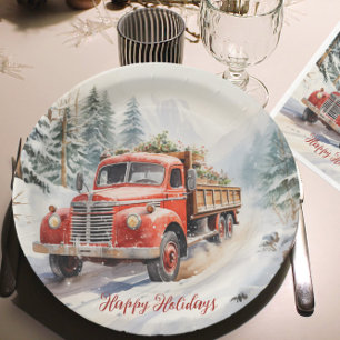 Assiettes En Carton Camion vintage De Ferme Rouge Chargé Pour Noël