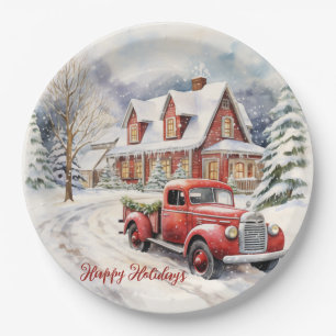 Assiettes En Carton Camion vintage De Ferme Rouge Décoré Pour Noël