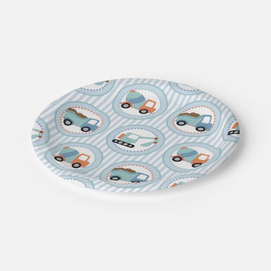 Assiettes En Carton Camions de construction - Bleu Blancs (Angle)