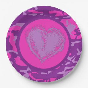 Assiettes En Carton Camo rose et pourpre avec le coeur