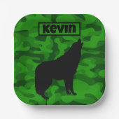 Assiettes En Carton Camo vert moderne noir Wolf Silhouette Monogramme (Recto)
