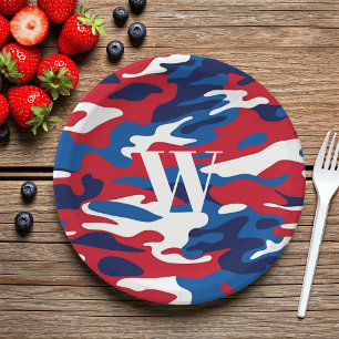 Assiettes En Carton Camouflage patriotique Monogramme Rouge Blanc Bleu