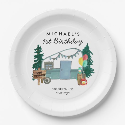 Assiettes En Carton Camper Camper Van Trees Camping 1er anniversaire (Devant)