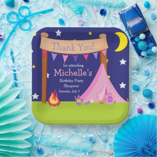 Assiettes En Carton Camping Anniversaire Dormir rose et violet (Fête)