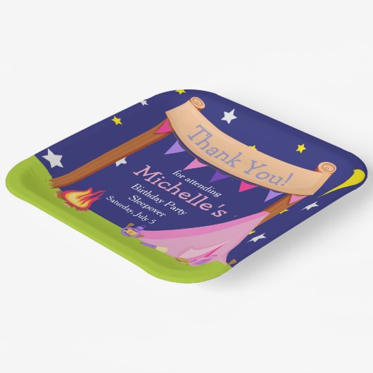 Assiettes En Carton Camping Anniversaire Dormir rose et violet (Angulaire)