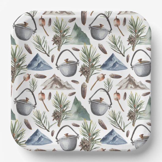 Assiettes En Carton Camping, Randonnée, plein air et nature Thème (Recto)