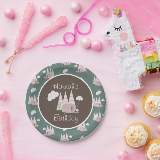 Assiettes En Carton Camping rose Fête d'anniversaire (Fête)
