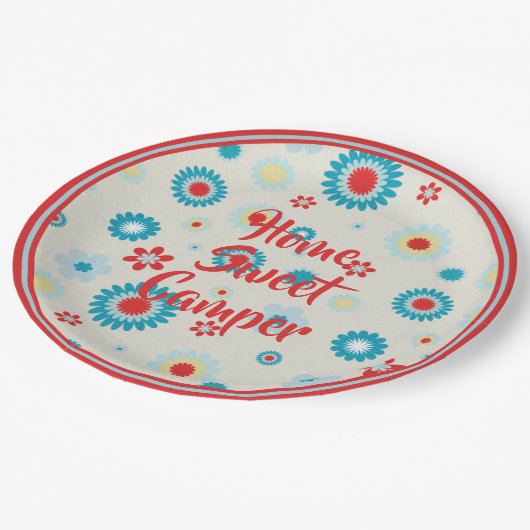 Assiettes En Carton Camping rouge et Turquoise rétro (Angle)