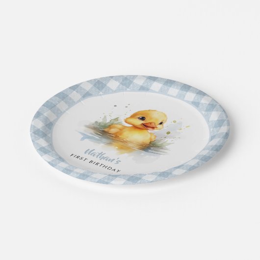 Assiettes En Carton Canard bleu En vichy plaque papier d'anniversaire (Angle)