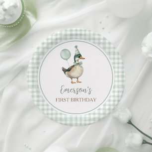 Assiettes En Carton Canard chanceux rétro vert sauge Gingham 1er anniv