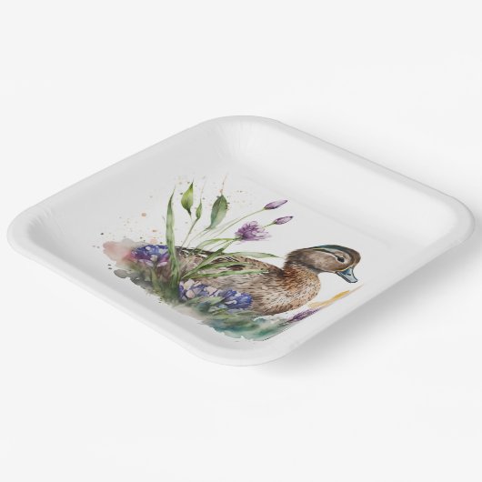 Assiettes En Carton Canard D'Aquarelle En Fleurs (Angulaire)