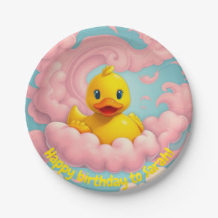 Assiettes En Carton Canard doux sur nuages roses Plaque d'anniversaire