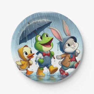 Assiettes En Carton Canard mignon, grenouille, lapin sous la pluie