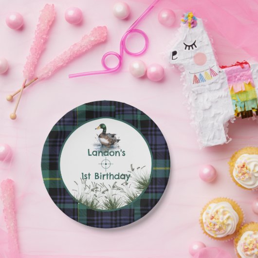 Assiettes En Carton Canard Thème 1er Anniversaire Chasseur vert plaid (Fête)