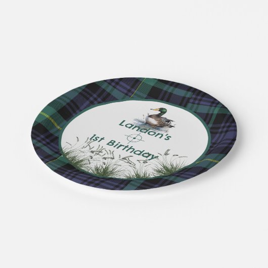 Assiettes En Carton Canard Thème 1er Anniversaire Chasseur vert plaid (Angle)