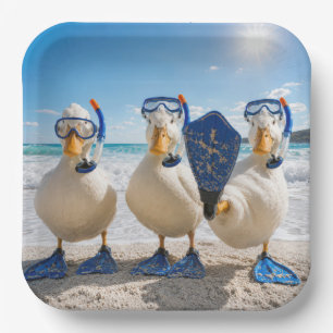 Assiettes En Carton Canards blancs drôles avec équipement de snorkelin