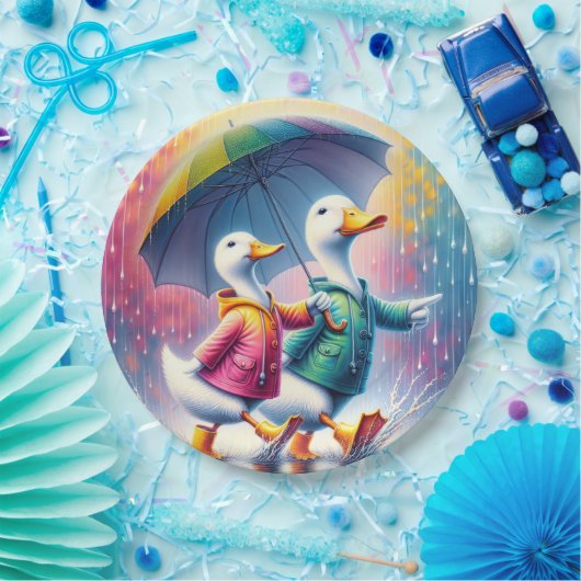 Assiettes En Carton Canards Blancs Marchant Dans La Pluie (Fête)