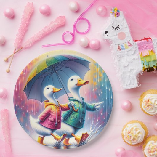 Assiettes En Carton Canards Blancs Marchant Dans La Pluie (Fête)