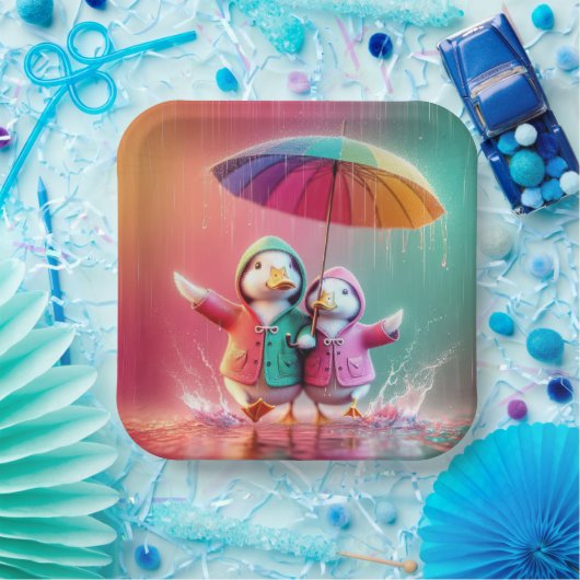 Assiettes En Carton Canards Blancs Marchant Dans La Pluie (Fête)