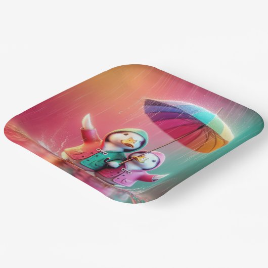 Assiettes En Carton Canards Blancs Marchant Dans La Pluie (Angulaire)