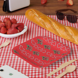 Assiettes En Carton Candy Cane Heart and Holly Pattern – Festive Chris