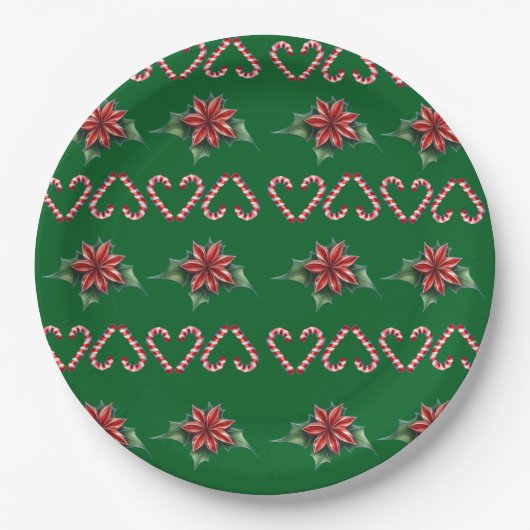 Assiettes En Carton Candy Cane Heart and Holly Pattern – Festive Chris (Devant)