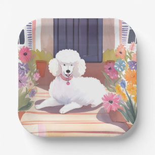 Assiettes En Carton Caniche Blanc   Fleurs Aquarelle Chien Animal