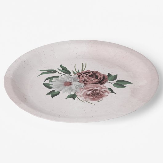 Assiettes En Carton cannelle rose rose blanc fleuri mariage (Angle)
