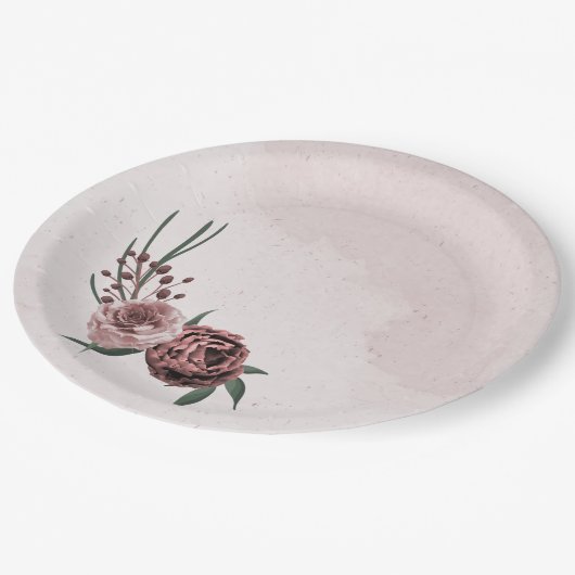 Assiettes En Carton cannelle rose rose blanc fleuri mariage (Angle)