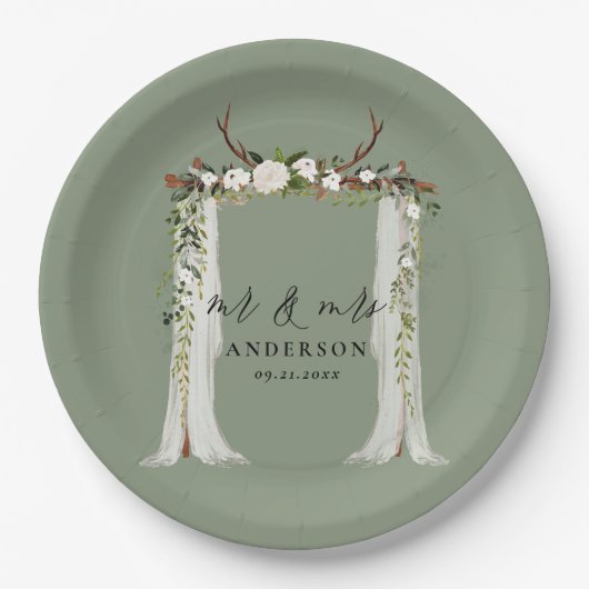Assiettes En Carton Canopy mariage botanique rustique m et mrs script (Devant)