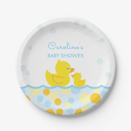 Assiettes En Carton Caoutchouc bleu et jaune Baby shower (Devant)