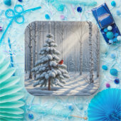 Assiettes En Carton Cardinal Rouge Perché Sur Un Pin Neige (Fête)