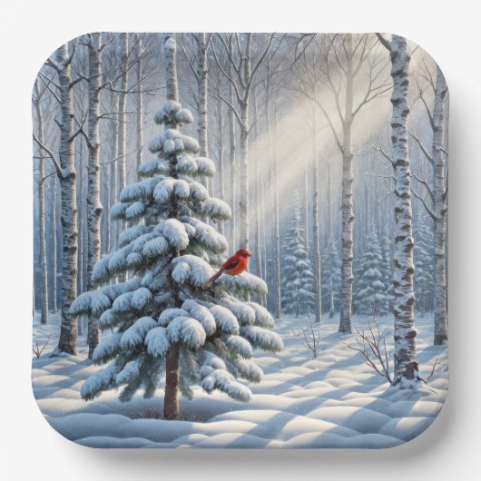 Assiettes En Carton Cardinal Rouge Perché Sur Un Pin Neige (Recto)
