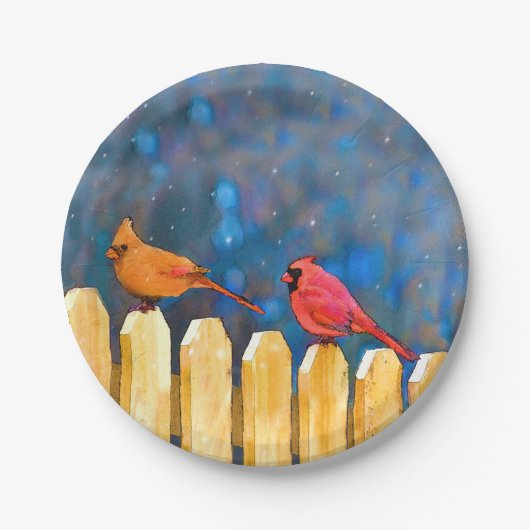 Assiettes En Carton Cardinals on the Fence Painting - Art original (Devant)