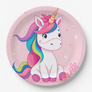 Assiettes En Carton Caricature adorable Unicorne avec Rainbow Mane