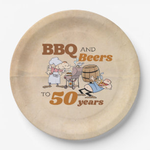 Assiettes En Carton Caricature BBQ and Beers 50th Birthday Rustic