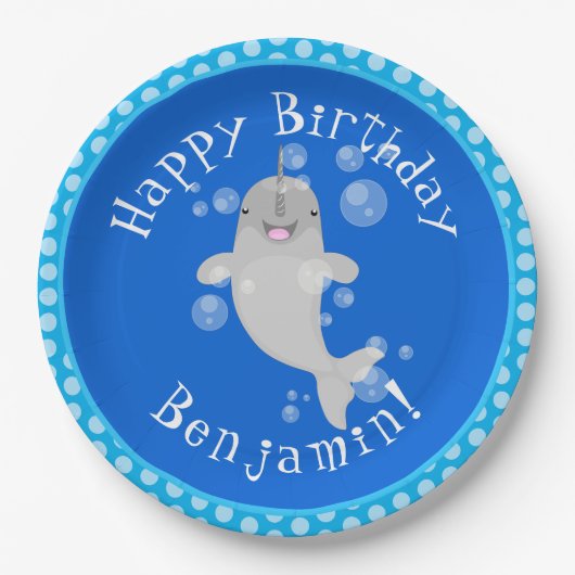Assiettes En Carton Caricature de bulles de narval joyeux (Devant)